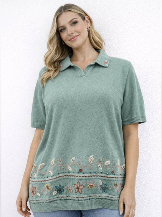Alfred Dunner Sweaters - Alfred Dunner Sage Green Embroidered Floral Short Sleeve Polo Sweater XL